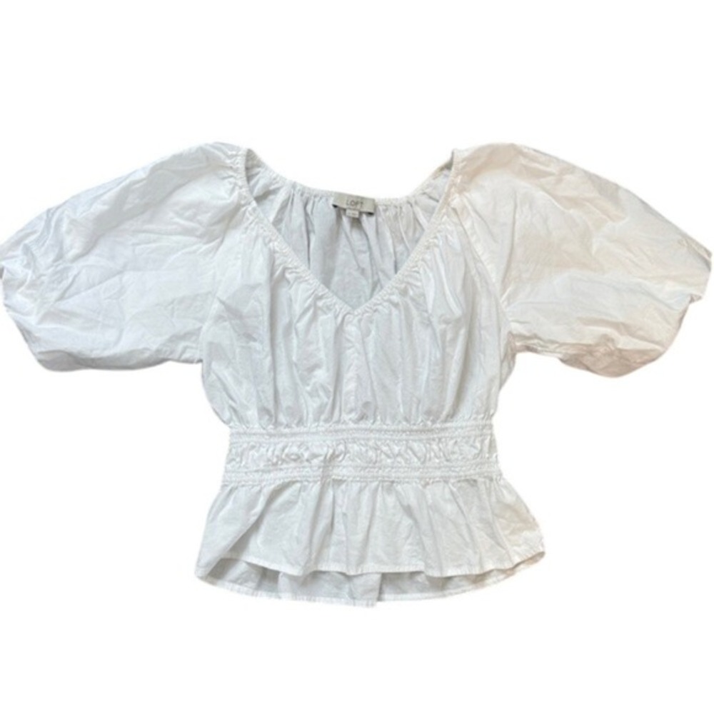 LOFT White Puff Sleeve Smocked Peplum Top S Boho Coquette Cottagecore Milkmaid - Picture 2 of 9